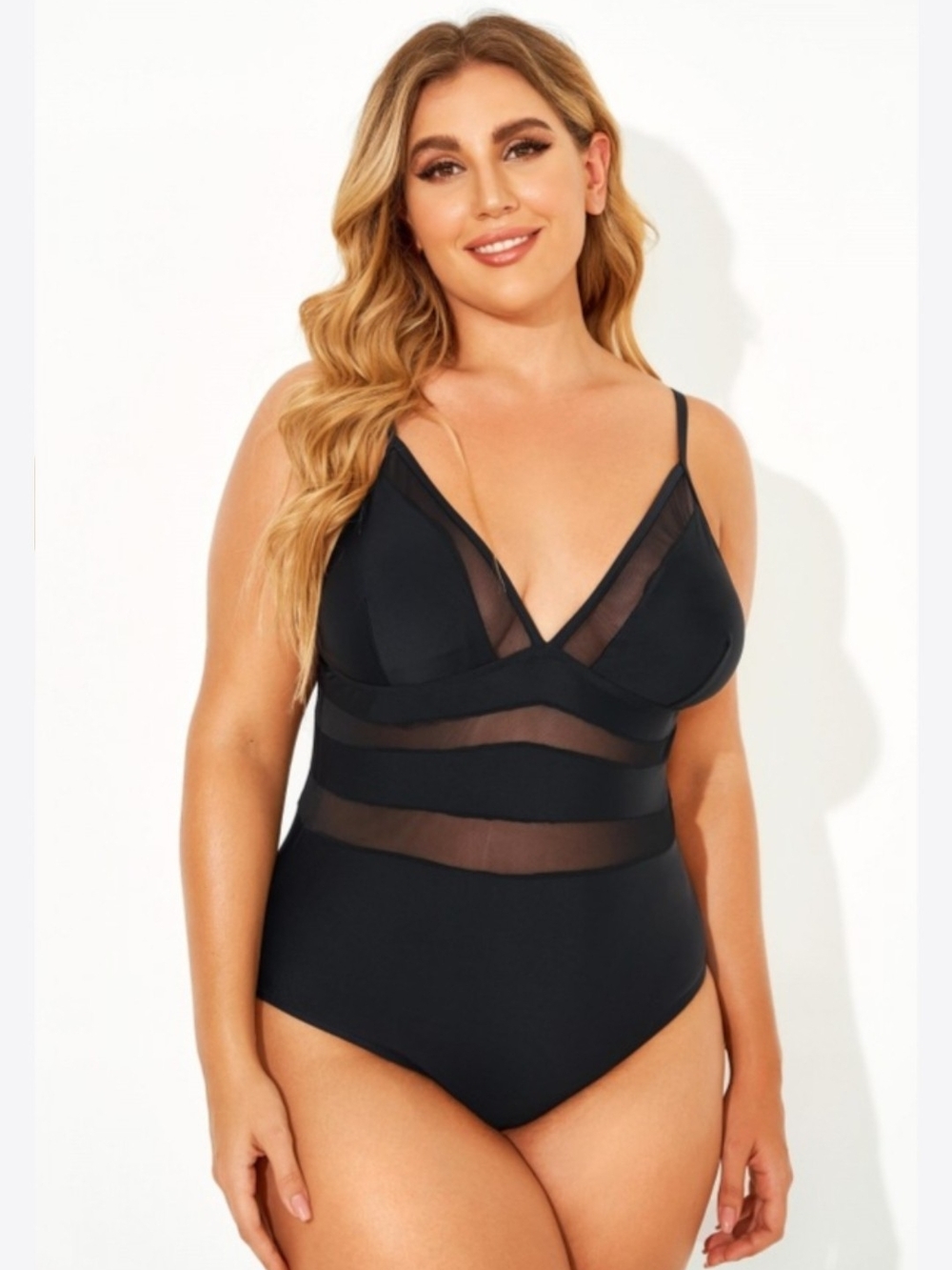 Meet.Curve XL Black Mesh V-neck Women One Piece Swimsuit NWT